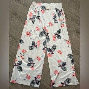 White Floral Wide-Leg Pants with Pink Blooms
